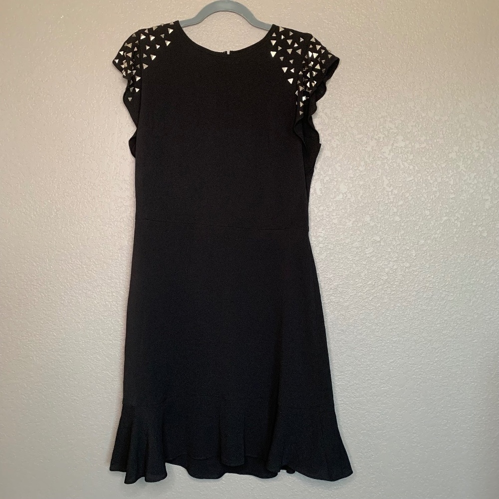 Michael Kors Black Midi Dress Silver Studded Shoulders Size 8 Edgy Rock